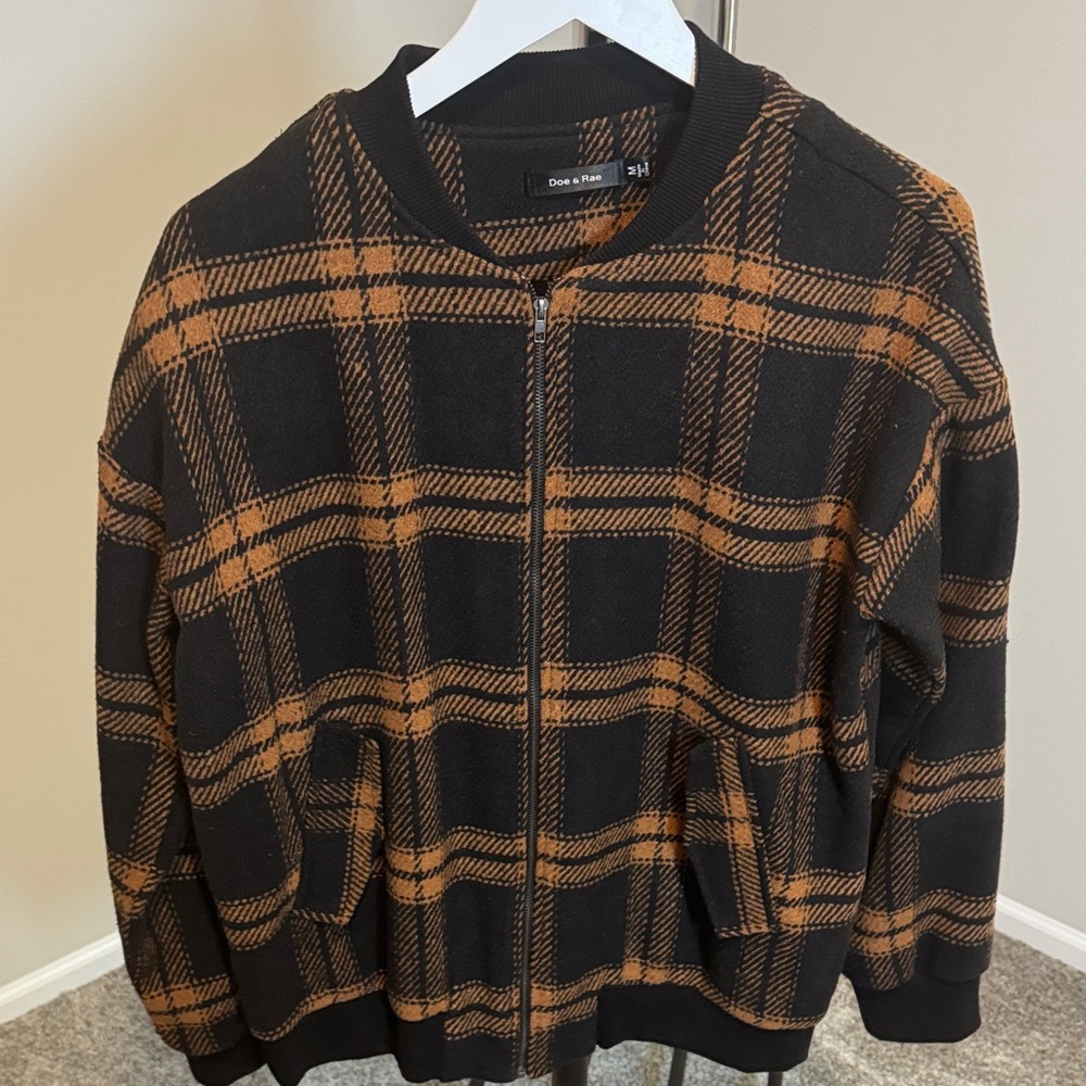 Doe & Rae Black and Tan Zip-Up Bomber Jacket